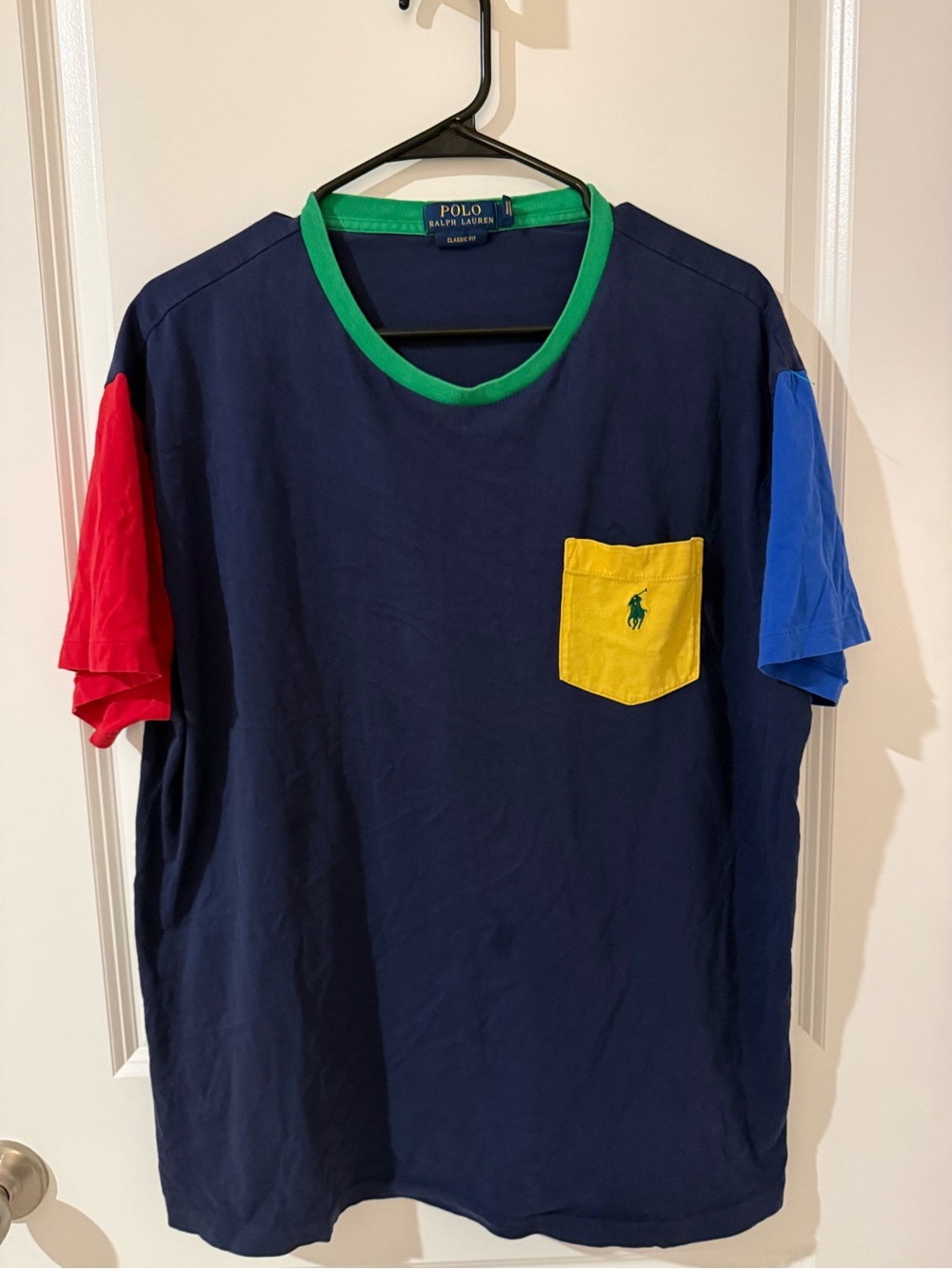 Ralph Lauren Navy Colorblock Pocket Tee with Green Neck, Red & Blue Sleeves